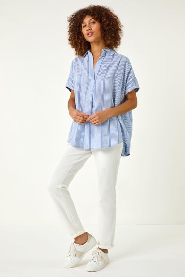 Roman Light Blue Stripe Pleated Neck Top