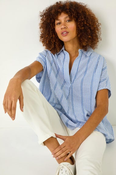 Roman Light Blue Stripe Pleated Neck Top