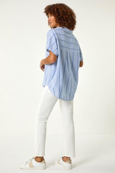 Roman Light Blue Stripe Pleated Neck Top