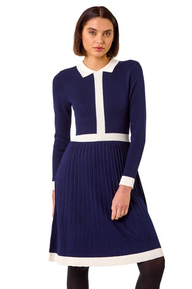 Roman Navy Contrast Collar Knitted Dress