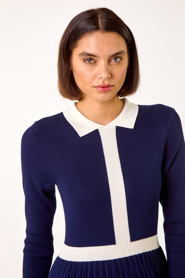 Roman Navy Contrast Collar Knitted Dress