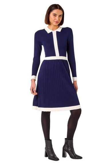 Roman Navy Contrast Collar Knitted Dress