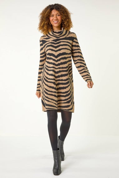 Roman Tan Zebra Print Jacquard Knit Dress
