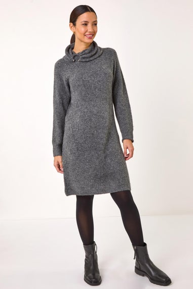 Roman Dark Grey Ring Neck Detail Knitted Dress