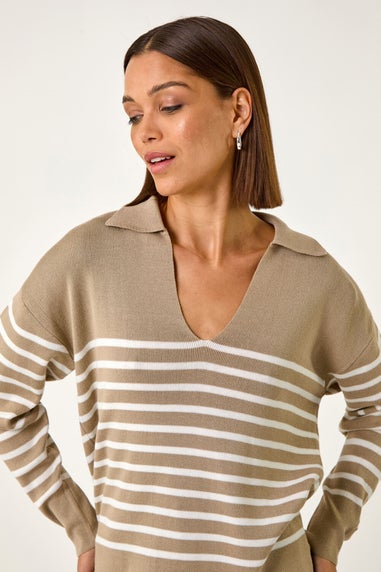 Roman Beige Horizontal Stripe Collared Knit Jumper