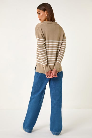 Roman Beige Horizontal Stripe Collared Knit Jumper