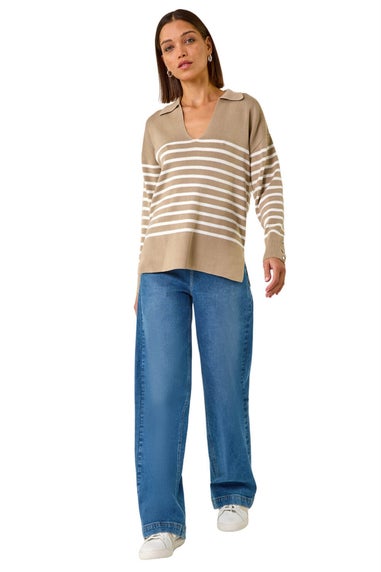 Roman Beige Horizontal Stripe Collared Knit Jumper