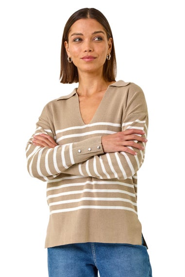 Roman Beige Horizontal Stripe Collared Knit Jumper
