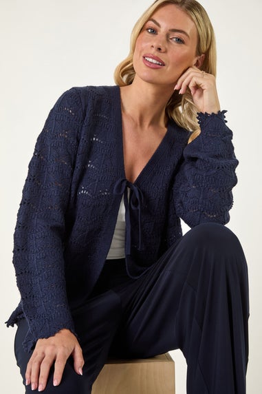 Roman Navy Petite Plain Knitted Tie Cardigan