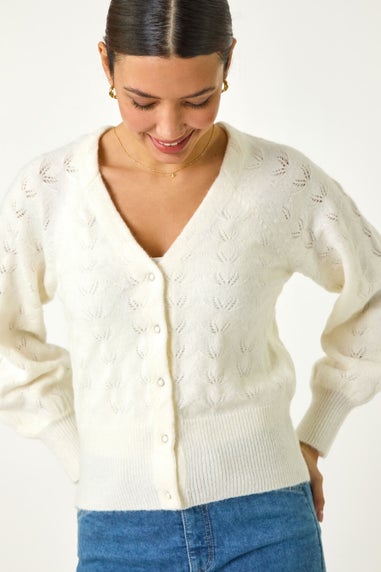 Roman Ivory Pointelle Detail Knit Cardigan