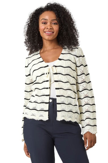 Roman Ivory Petite Stripe Knitted Tie Cardigan