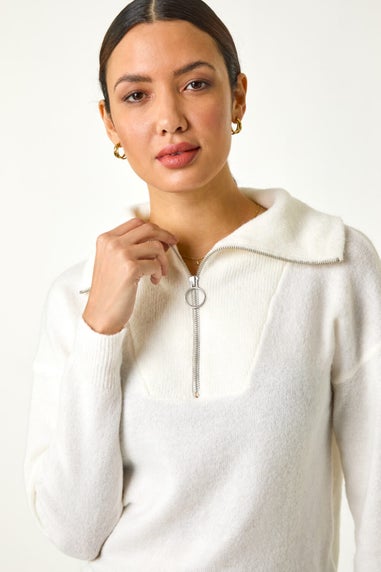 Roman Ivory Collar Zip Neck Knit Jumper