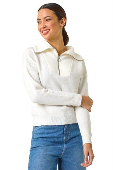 Roman Ivory Collar Zip Neck Knit Jumper