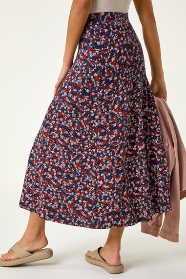 Roman Navy Ditsy Floral Stretch Midi Skirt