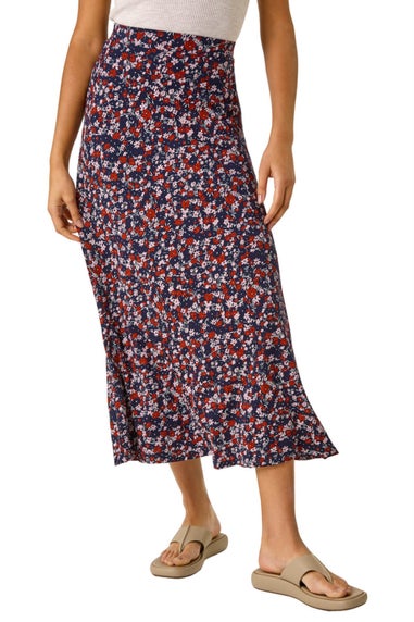 Roman Navy Ditsy Floral Stretch Midi Skirt