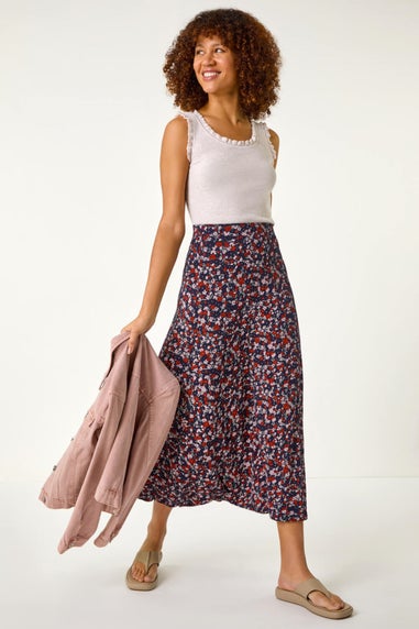 Roman Navy Ditsy Floral Stretch Midi Skirt