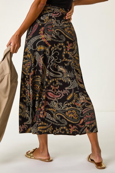 Roman Black Modern Paisley Print Midi Stretch Skirt