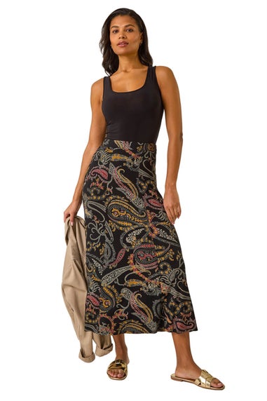 Roman Black Modern Paisley Print Midi Stretch Skirt