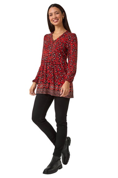 Roman Red Abstract Printed V-Neck Tunic Top