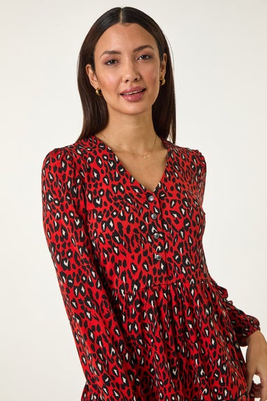 Roman Red Abstract Printed V-Neck Tunic Top