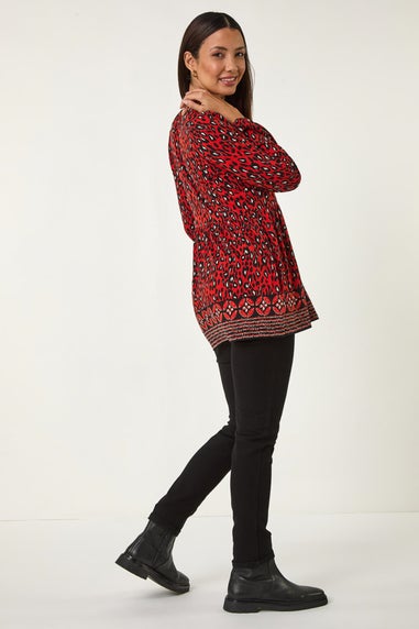 Roman Red Abstract Printed V-Neck Tunic Top