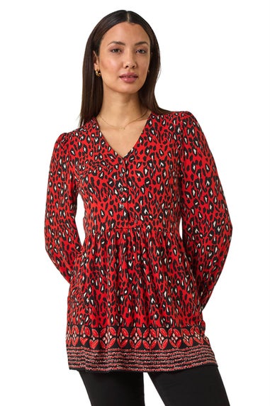 Roman Red Abstract Printed V-Neck Tunic Top