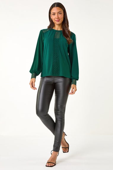 Roman Forest Green Lace Trim Detail Stretch Top