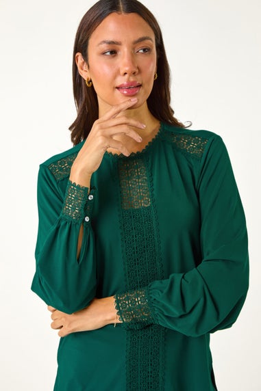 Roman Forest Green Lace Trim Detail Stretch Top