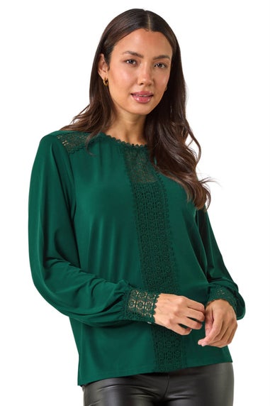 Roman Forest Green Lace Trim Detail Stretch Top