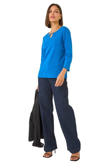 Roman Ink Blue Trim Detail Keyhole Stretch Top
