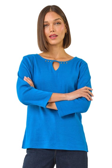 Roman Ink Blue Trim Detail Keyhole Stretch Top