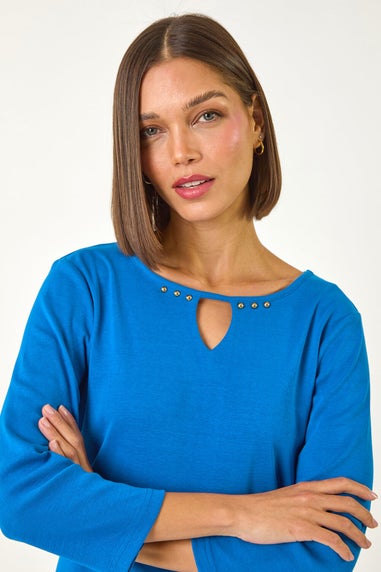 Roman Ink Blue Trim Detail Keyhole Stretch Top