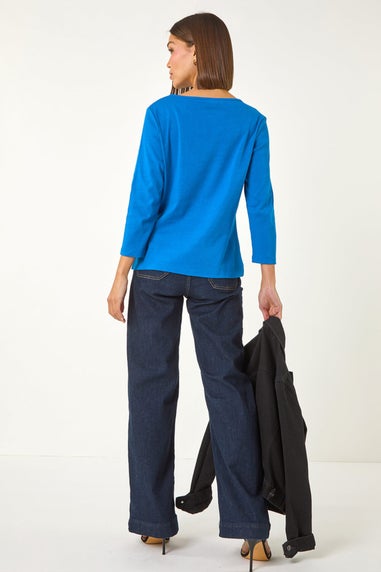 Roman Ink Blue Trim Detail Keyhole Stretch Top