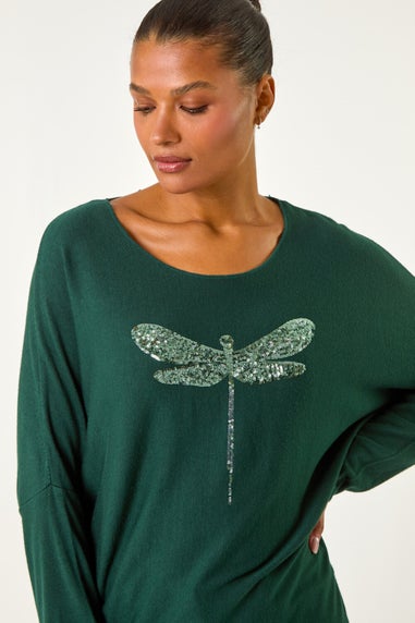 Roman Green Dragonfly Print Sequin Knitted Stretch Top