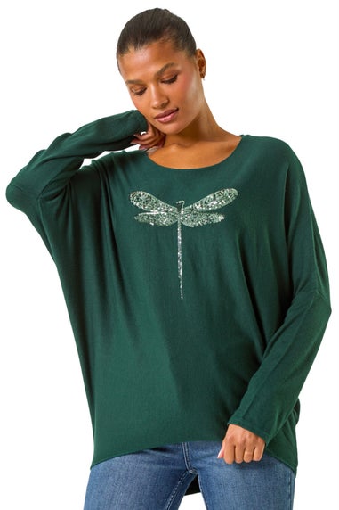 Roman Green Dragonfly Print Sequin Knitted Stretch Top