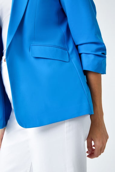 Roman Blue Ruched 3/4 Sleeve  Stretch Blazer