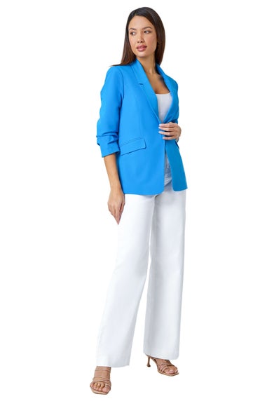 Roman Blue Ruched 3/4 Sleeve  Stretch Blazer