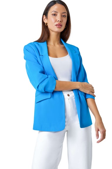 Roman Blue Ruched 3/4 Sleeve  Stretch Blazer