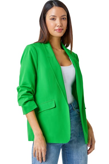 Roman Green Ruched 3/4 Sleeve Stretch Blazer