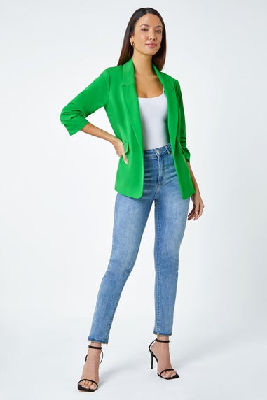 Roman Green Ruched 3/4 Sleeve Stretch Blazer