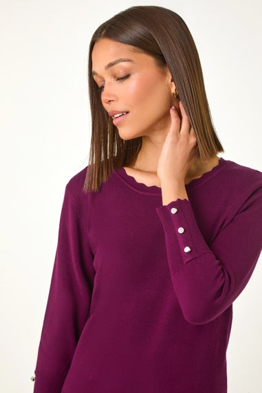 Roman Burgundy Diamante Button Scallop Edge Jumper