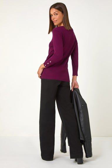 Roman Burgundy Diamante Button Scallop Edge Jumper