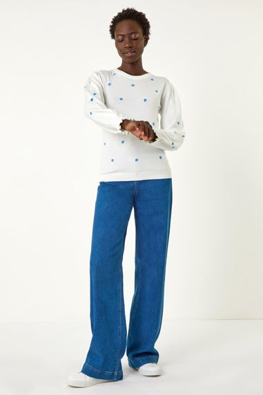 Roman Ivory Floral Embroidery Knit Top