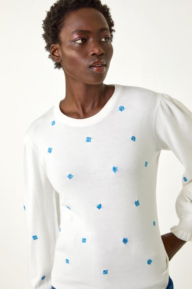 Roman Ivory Floral Embroidery Knit Top