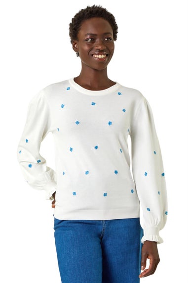 Roman Ivory Floral Embroidery Knit Top