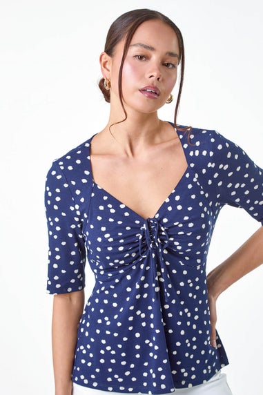 Roman Navy Petite Polka Dot Ruched Stretch Top