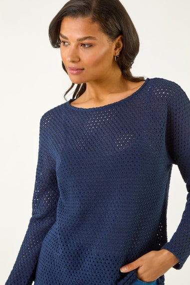 Roman Navy Crochet Cotton Jersey Top