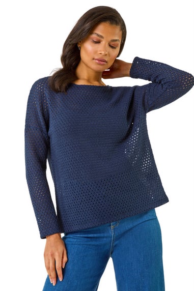 Roman Navy Crochet Cotton Jersey Top