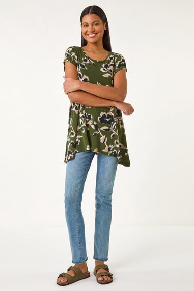 Roman Khaki Leaf Print Hanky Hem Tunic Top