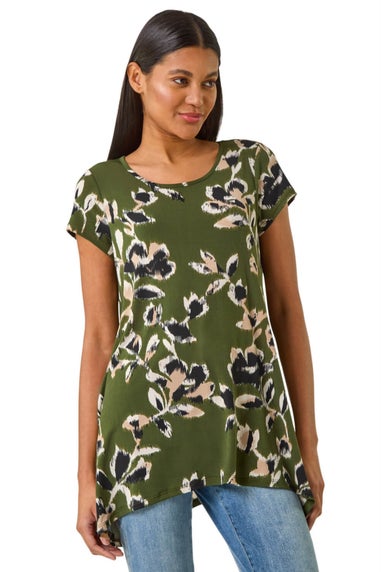 Roman Khaki Leaf Print Hanky Hem Tunic Top